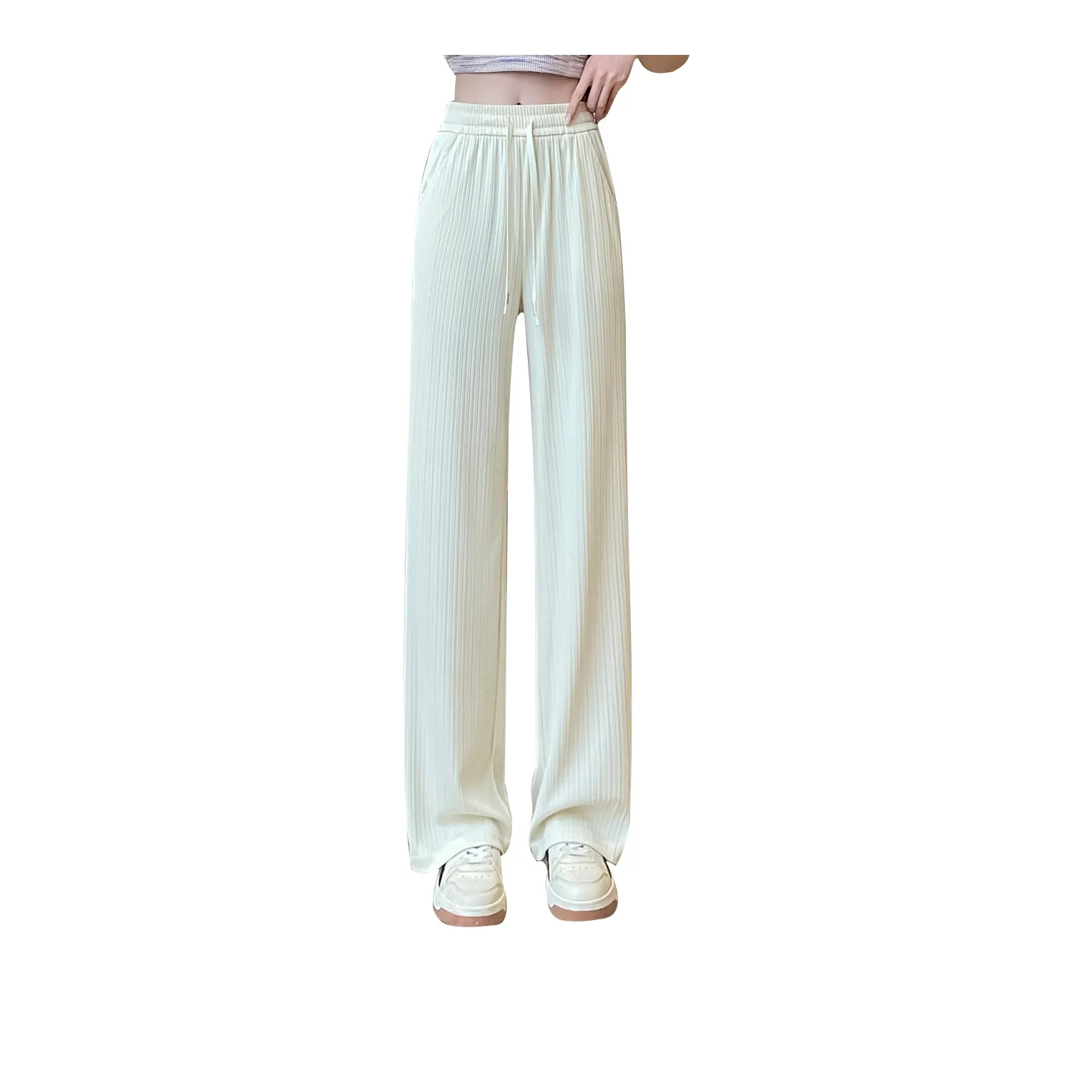 JEANSWEST Fashion Versatile Thin Micro Stretch Comfortable High Waist Wide Leg Draped Ice Silk Summer Women's