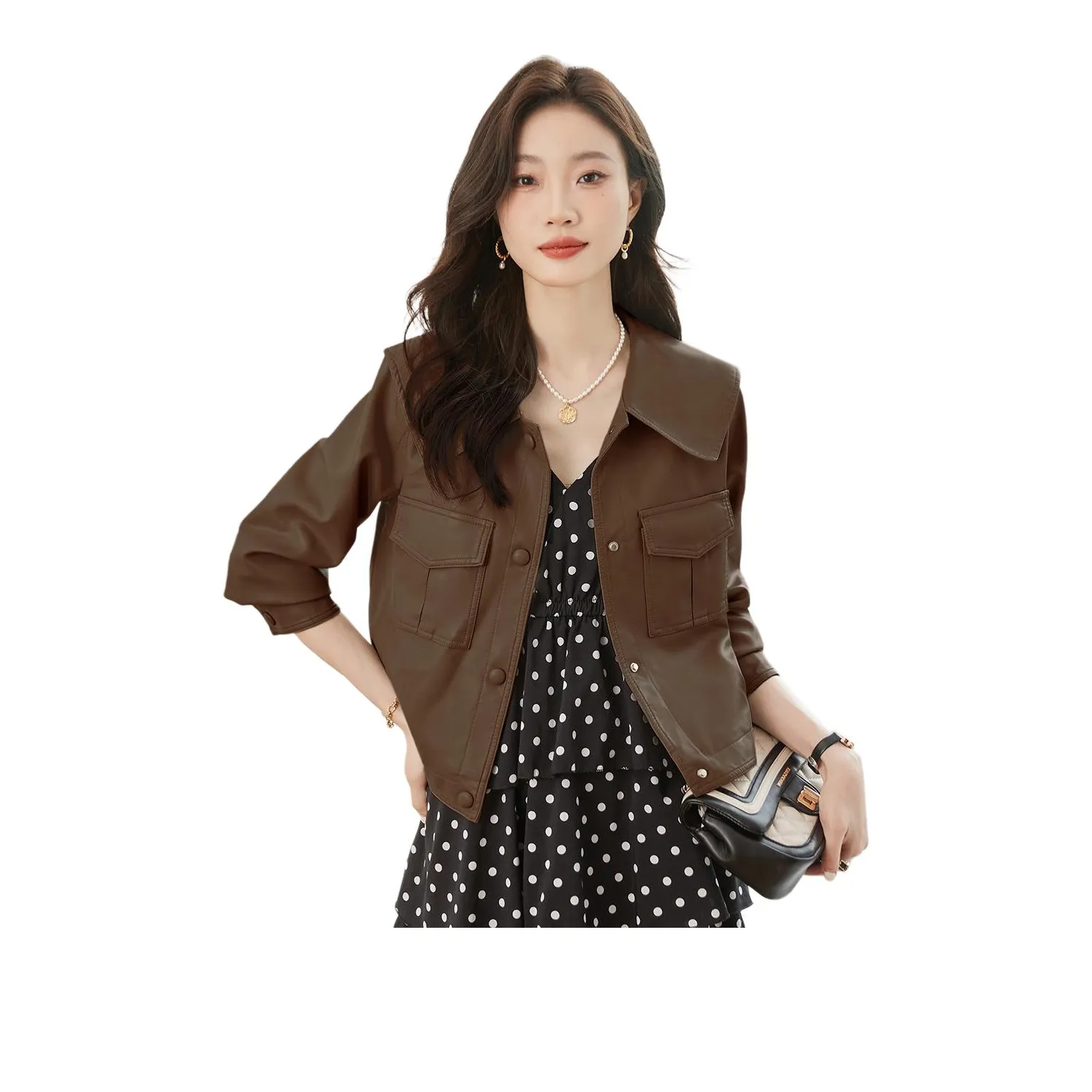 TERRE BLEUE Leather Jacket Women's Coffee