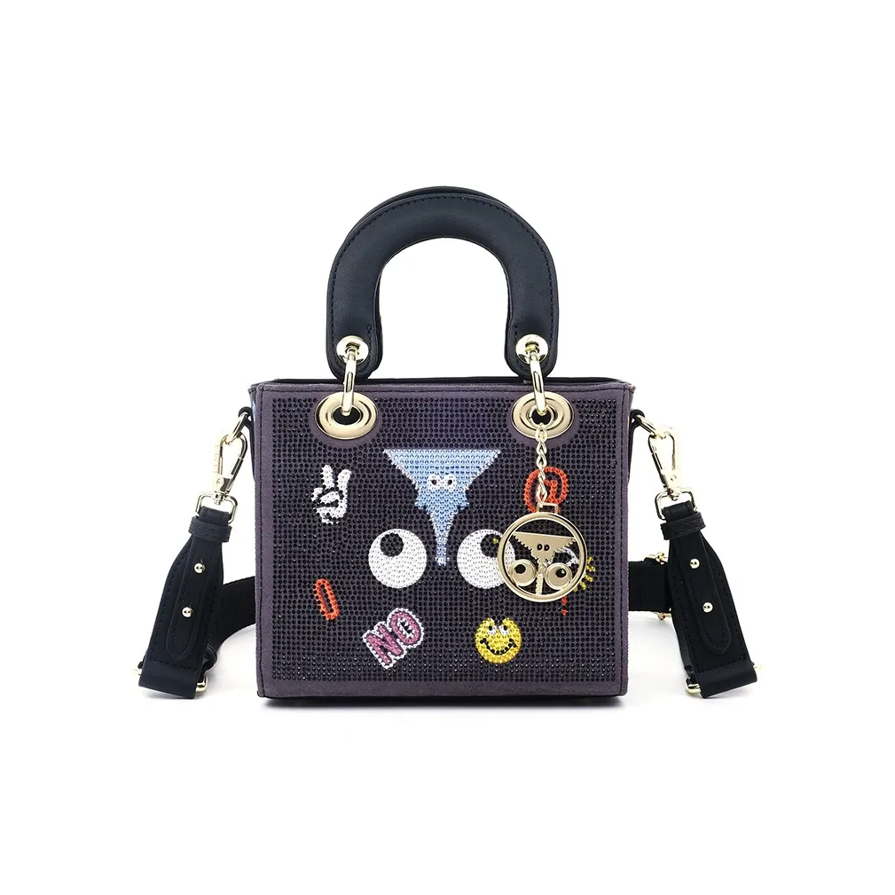 EYE THEME PU Handbag, Crossbody Bag Medium Size Women's Black/White & Black