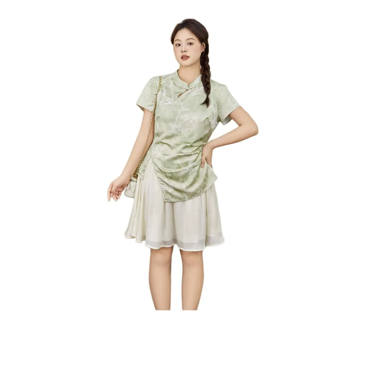 DAMABAIFENBAI Short Sleeved Dress Women's Green Bamboo