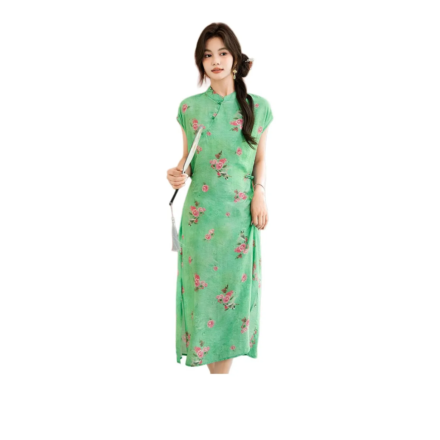 CARBAMMI Short Sleeved Dress Women's Green Camellia Joyful Crow