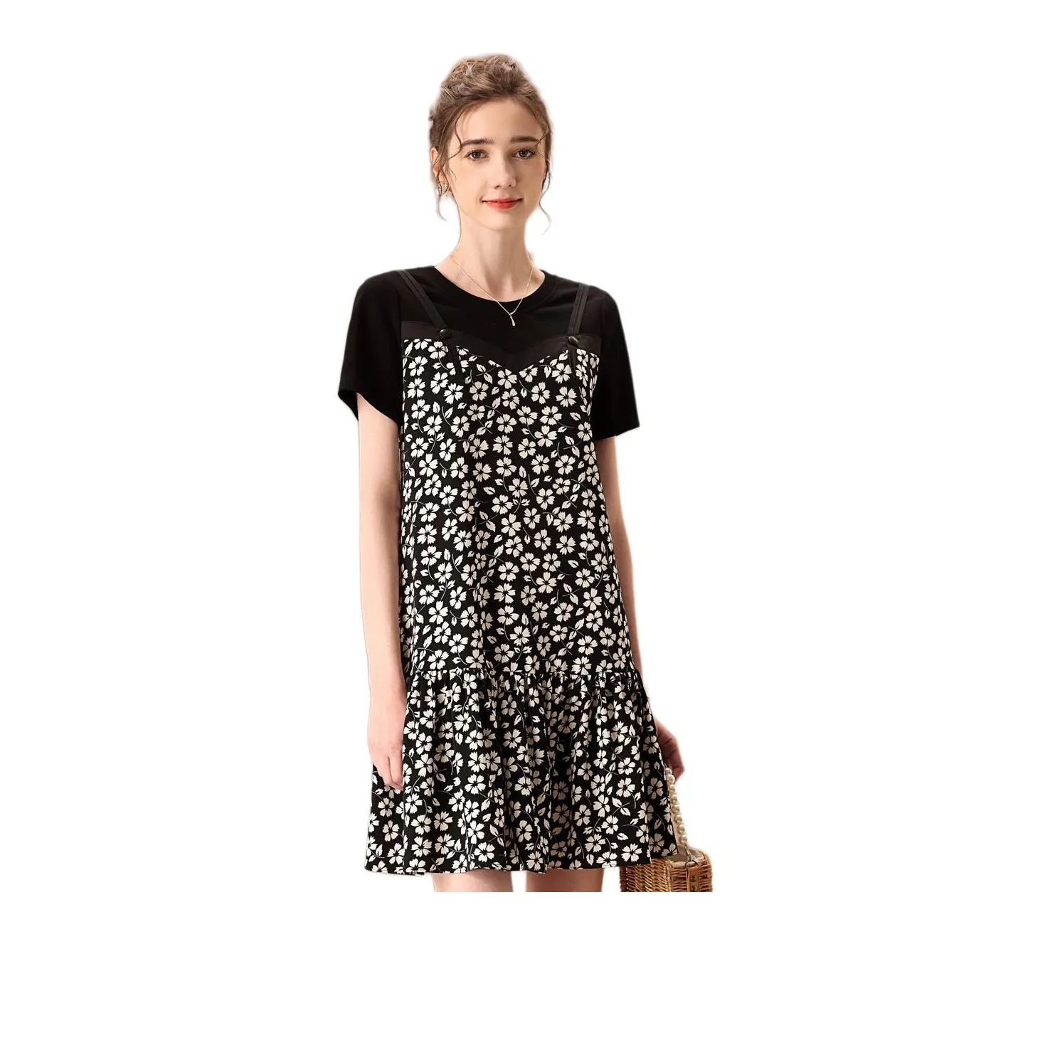 FENHONGMALI Short Sleeved Dress Women's Black Floral