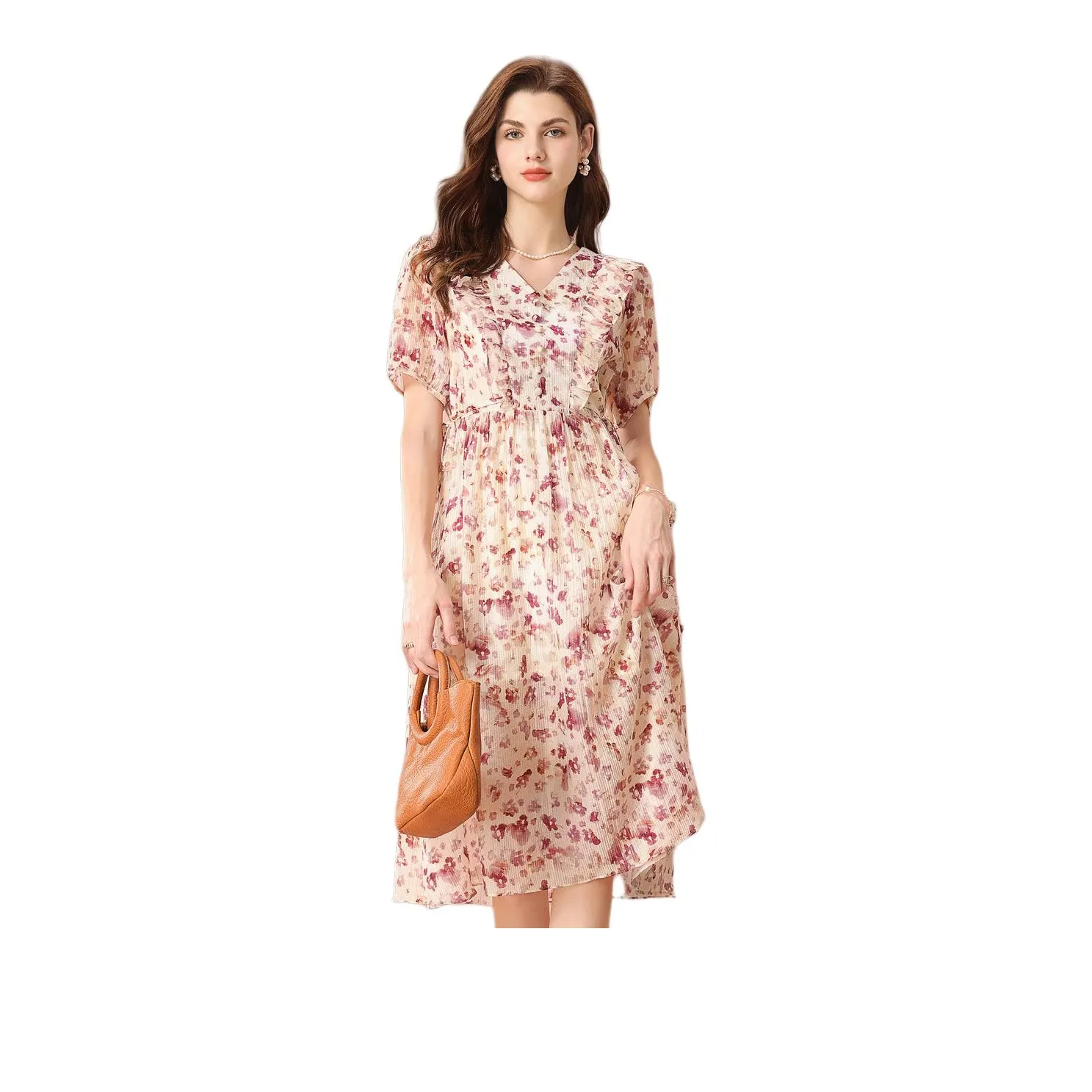 FENHONGMALI Short Sleeved Dress Women's Purple Flower