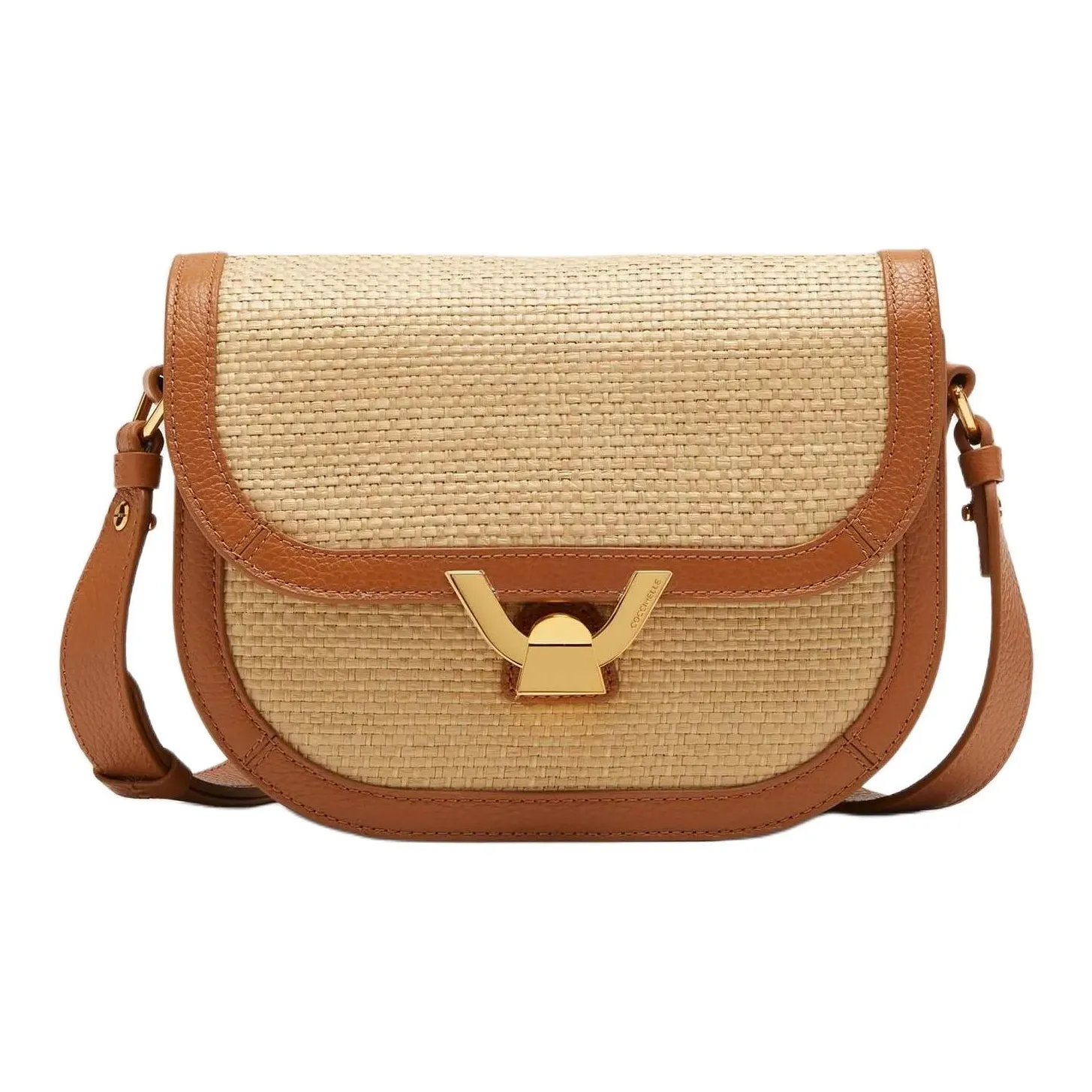 COCCINELLE Raffia With Beaded Surface Leather Straw Shoulder Bag Crossbody Bag Small Size Women's Natural & Brown