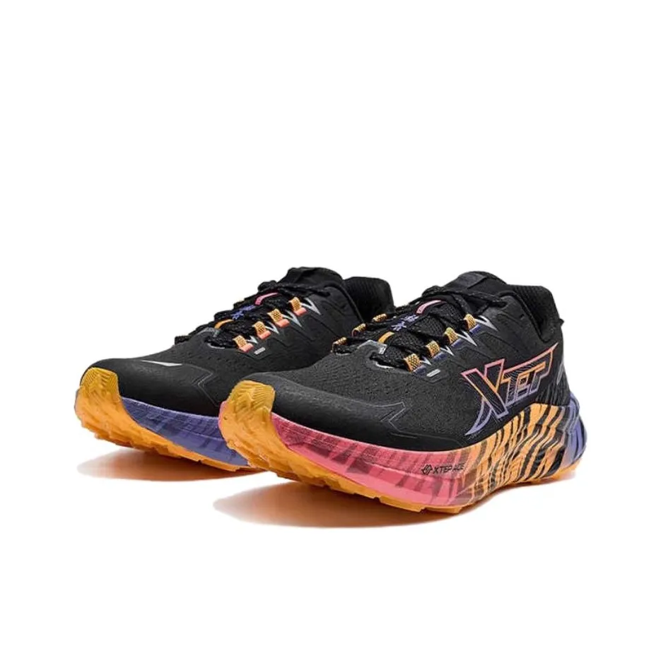 XTEP Cushioning, Abrasion Resistant, Slip Resistant Low Top Trail Running Shoes Men's Black Orange Mismatched