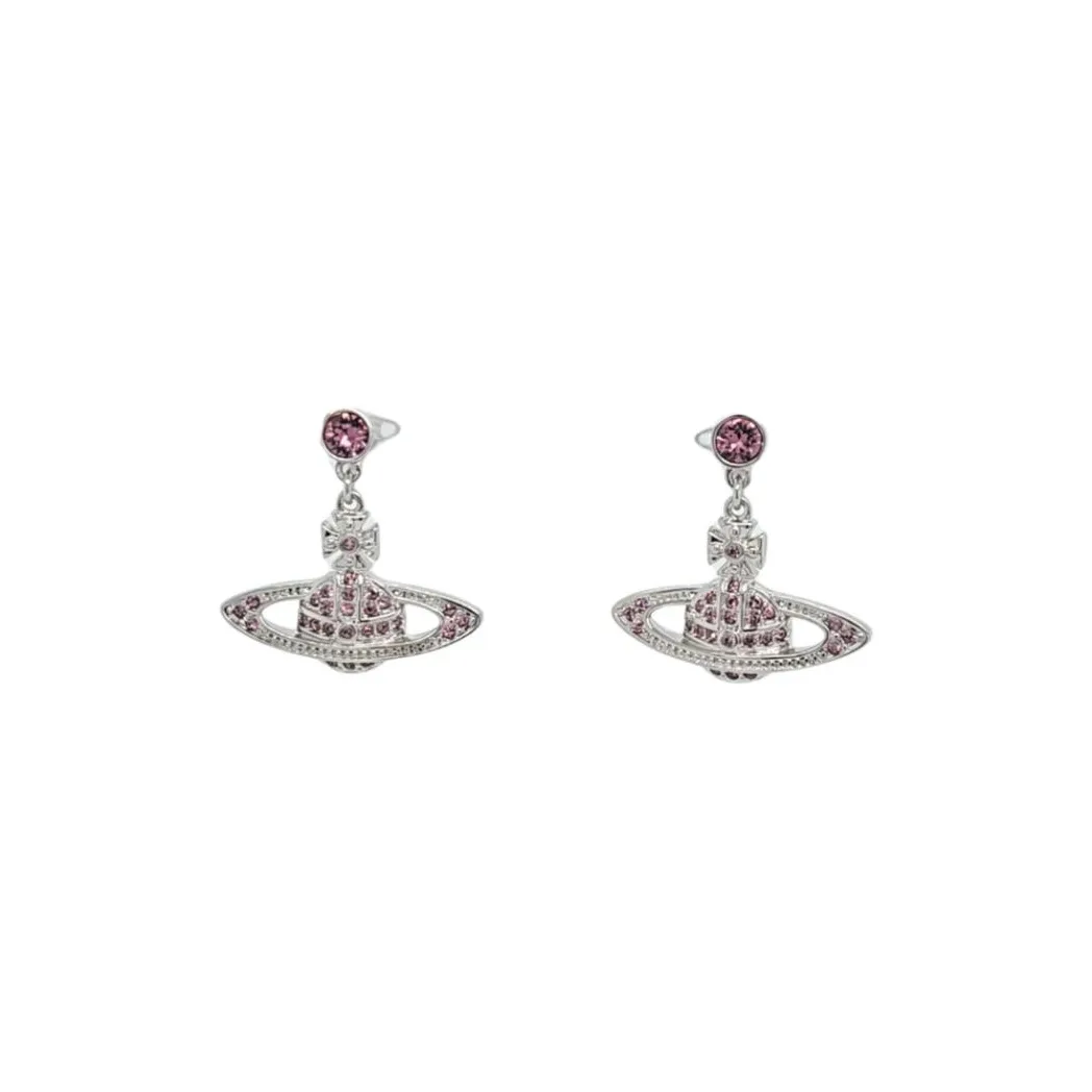 Vivienne Westwood Crystal Saturn Styling Pendant Stud Earrings Unisex Silver/Purple Pink Diamond