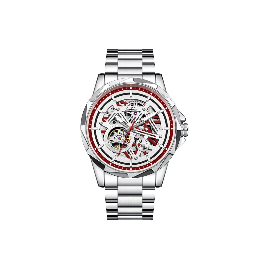 Lushika Speedster Collection Механические часы ремешок из нержавеющей стали мужские часы красный циферблат