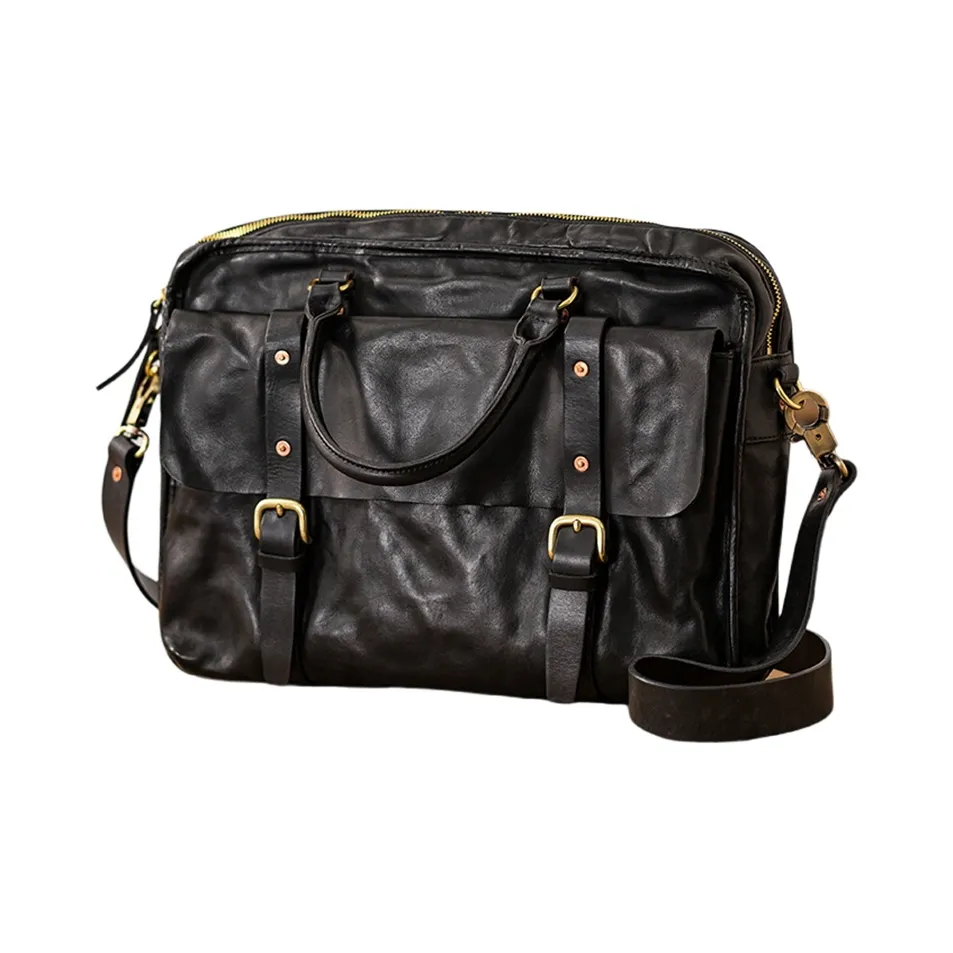 Back Step Cow Leather Portable Briefcase Shoulder Bag Crossbody Bag Large Size Unisex Black