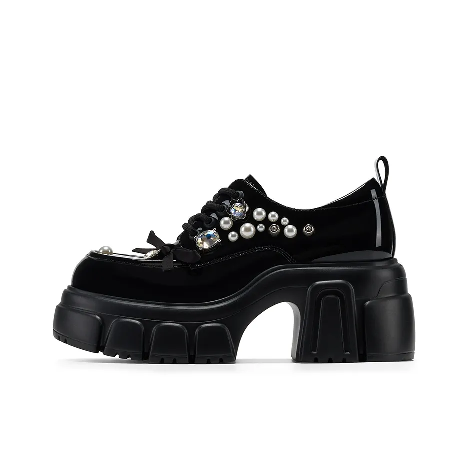 GG CC Rhinestone Small Leather Shoes Vintage Platform Loafers 7.5cm Women's Black