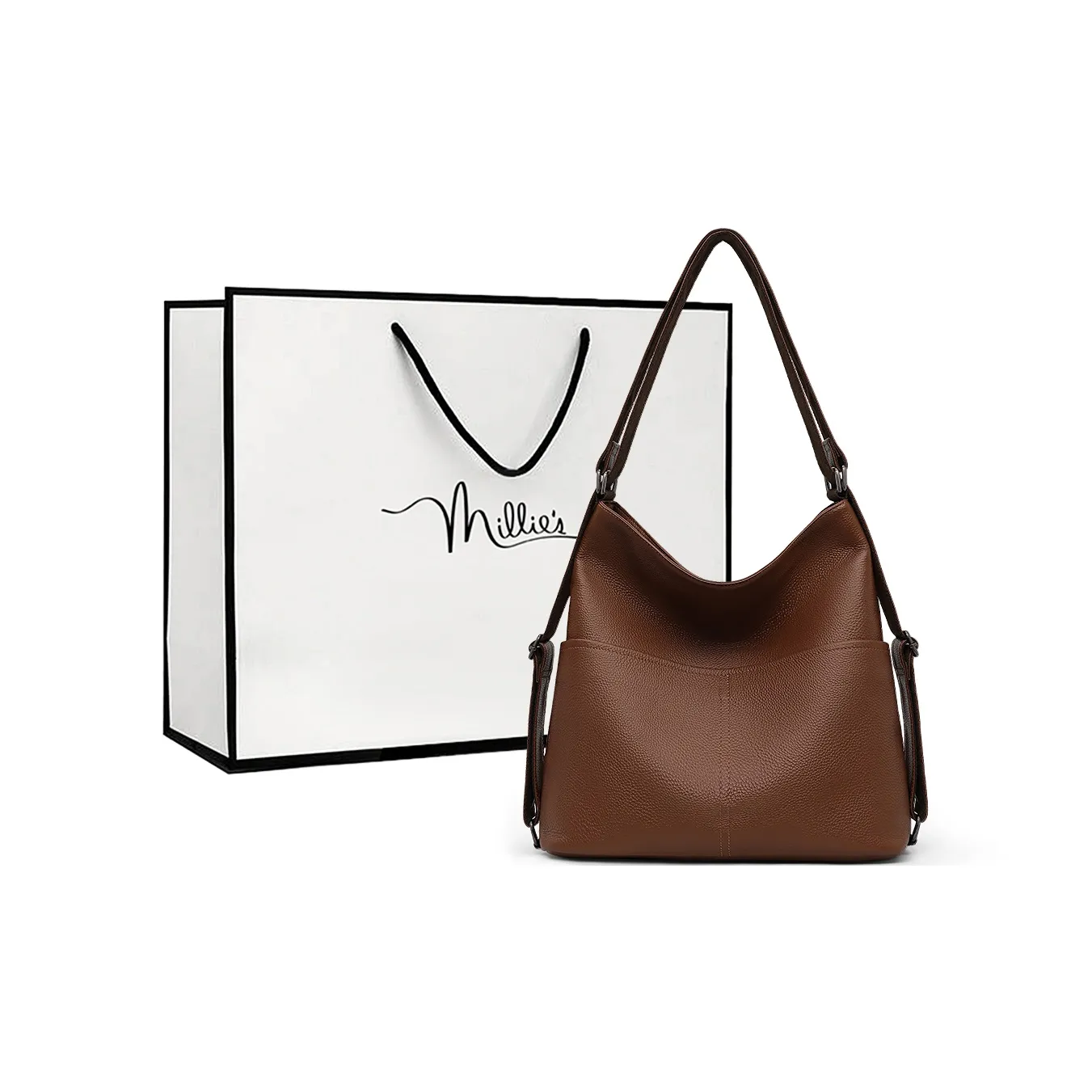MILLIE'S Cow Leather Tote Portable Underarm Shoulder Bag Women's Red Brown