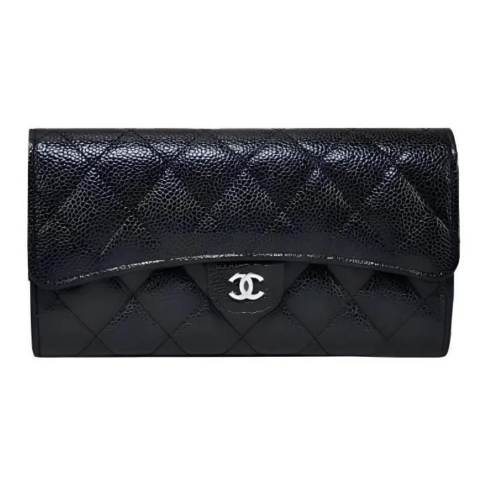 CHANEL Grain Texture Cow Leather Wallet Women's Black