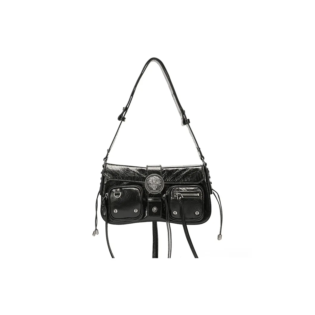 Ed Hardy Cow Leather Shoulder Bag Medium Size Women's Black