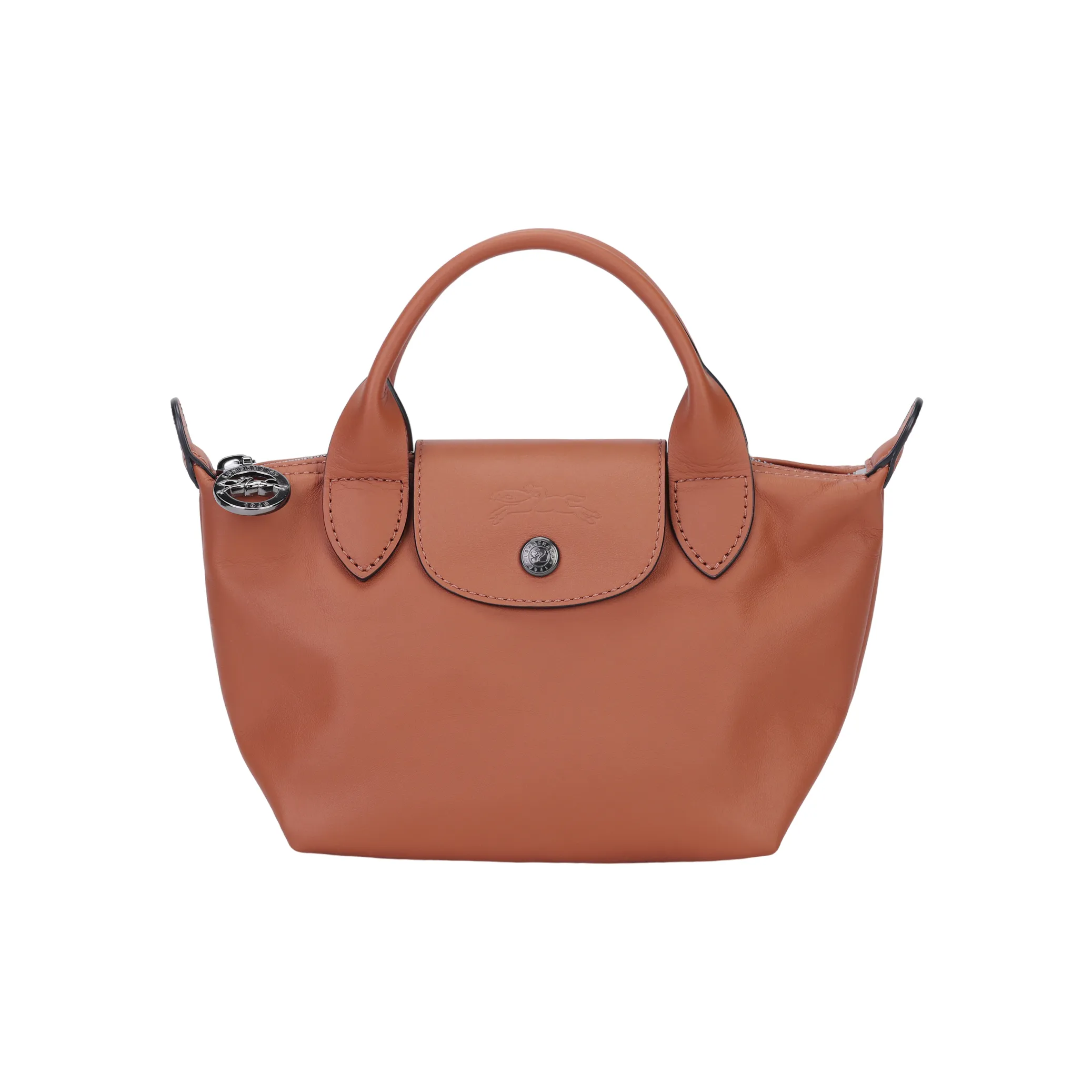 LONGCHAMP Le Pliage Cow Leather Dumpling Bag, Shoulder Bag, Crossbody Bag, Handbag Mini Women's Cognac