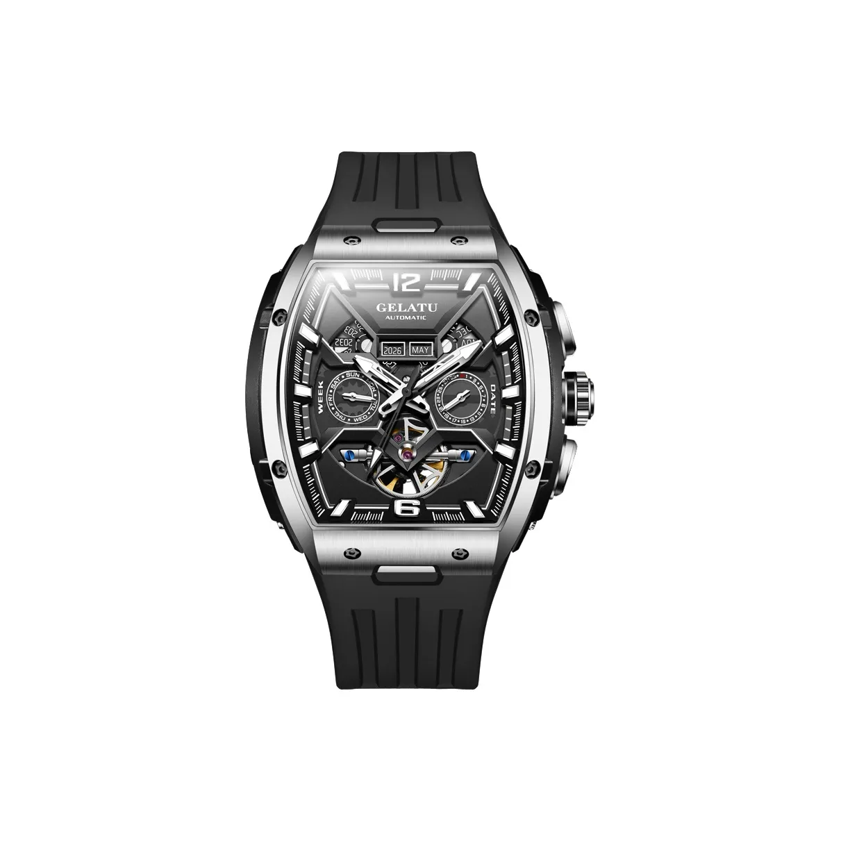 GELATU Automatic Mechanical Movement Silicone Strap Watch Men's Watches Black Dial