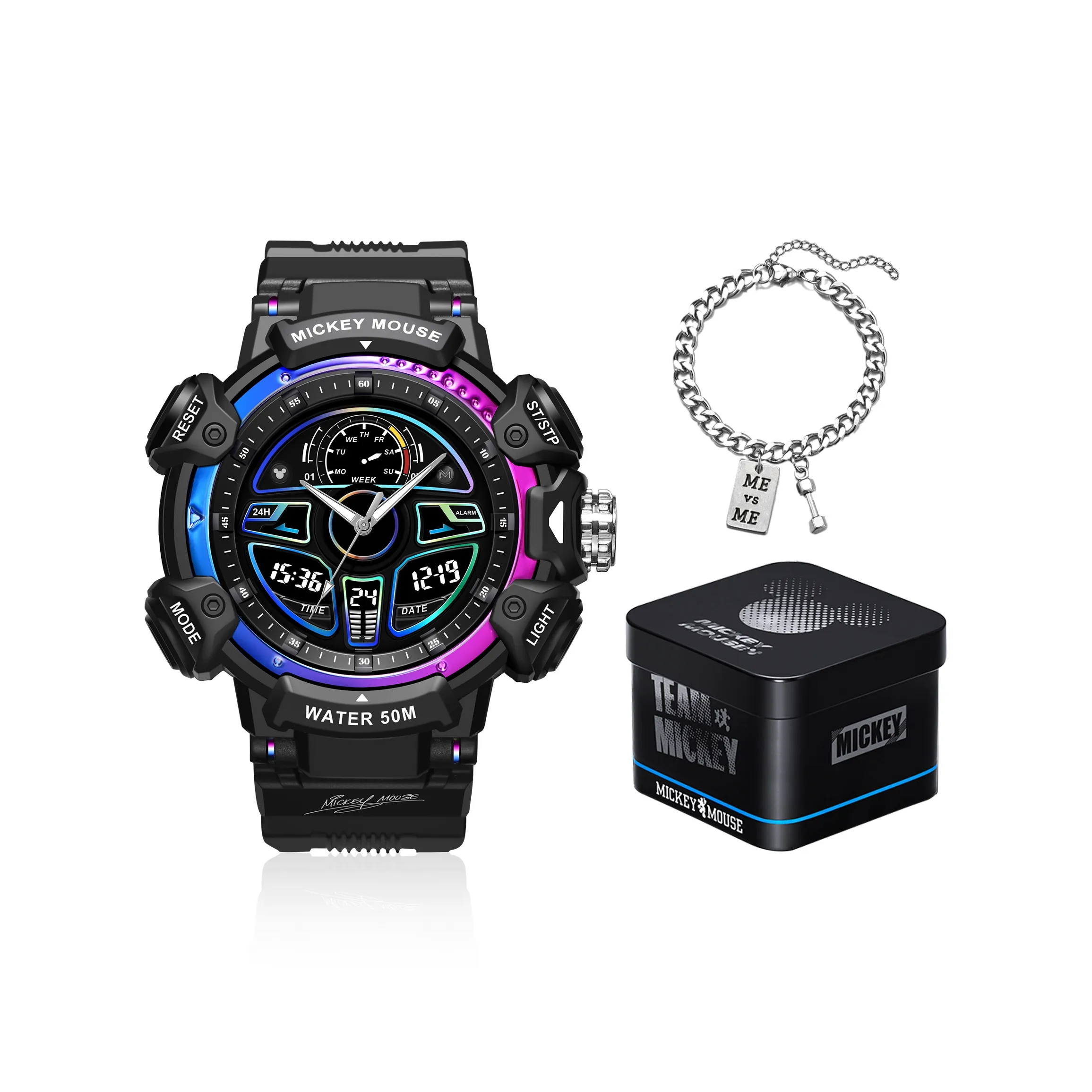 Disney Mickey Series Электронный Механизм Резиновый Ремешок Часы Мужские Черный Циферблат