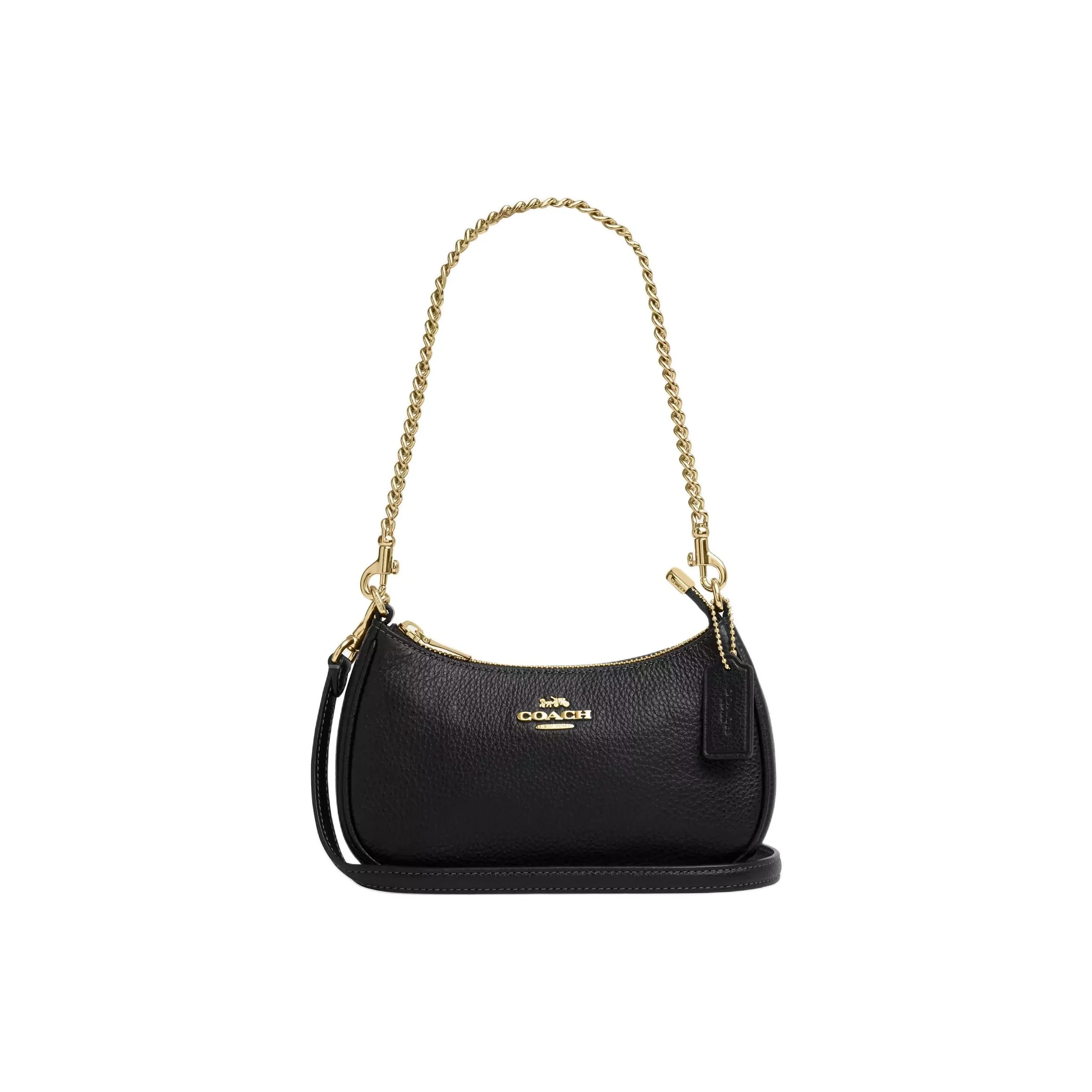 COACH Teri Утонченный Pebble Pattern Кожа Плечевая Сумка Мини Женская Черная