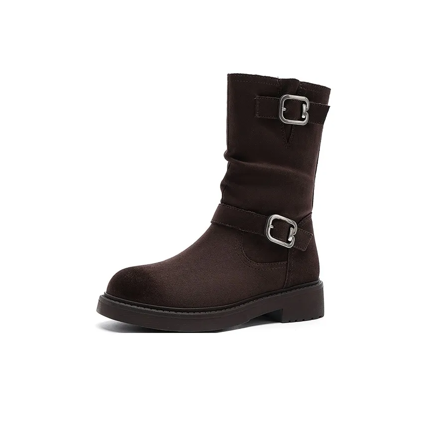 JOSINY Vintage Fashion Fleece-Lined Warm Suede Single Boot Crew Maillard Style Ankle Boots Women's Brown