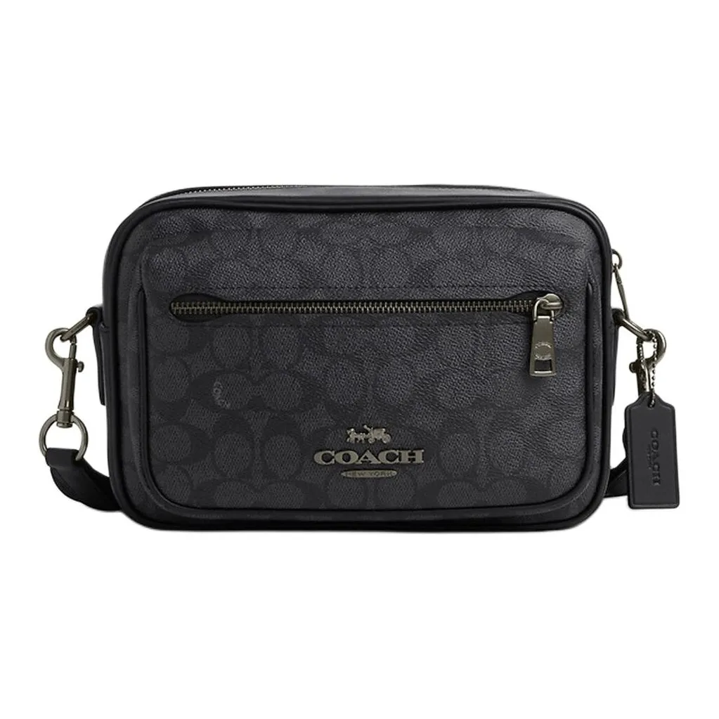 COACH Elias Coated Canvas With Smooth Calfskin Messenger Bag, Crossbody Bag Medium Size Men's Charcoal & Black