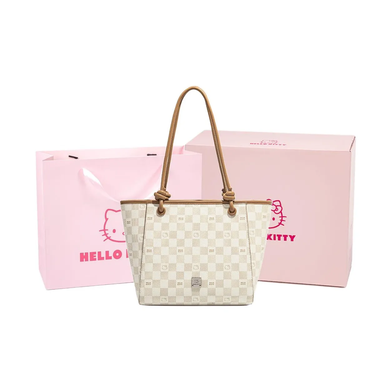 MESUCA Sanrio Hello Kitty Series PU Tote Bag, Shopping Bag, One Shoulder Handbag Tubas Women's Pink/Brown/Milk Tea