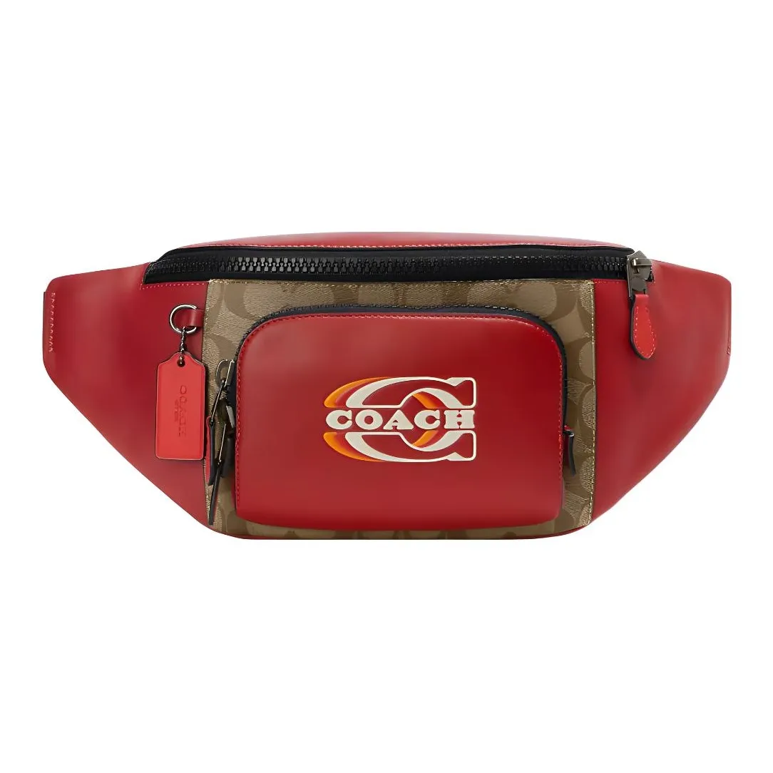 COACH Покрытый холст с телячьей кожей сумка через плечо бананка большой женский красный