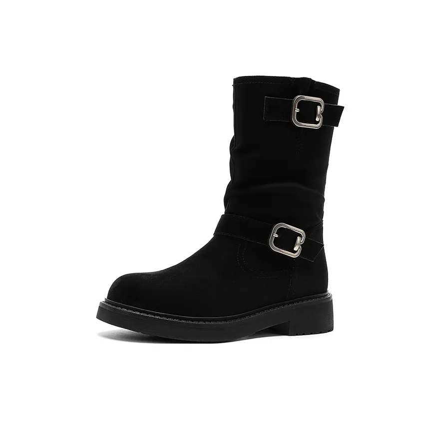 JOSINY Vintage Style Fleece-Lined Warm Single Boot Flat Crew Ankle Boots Women's Black