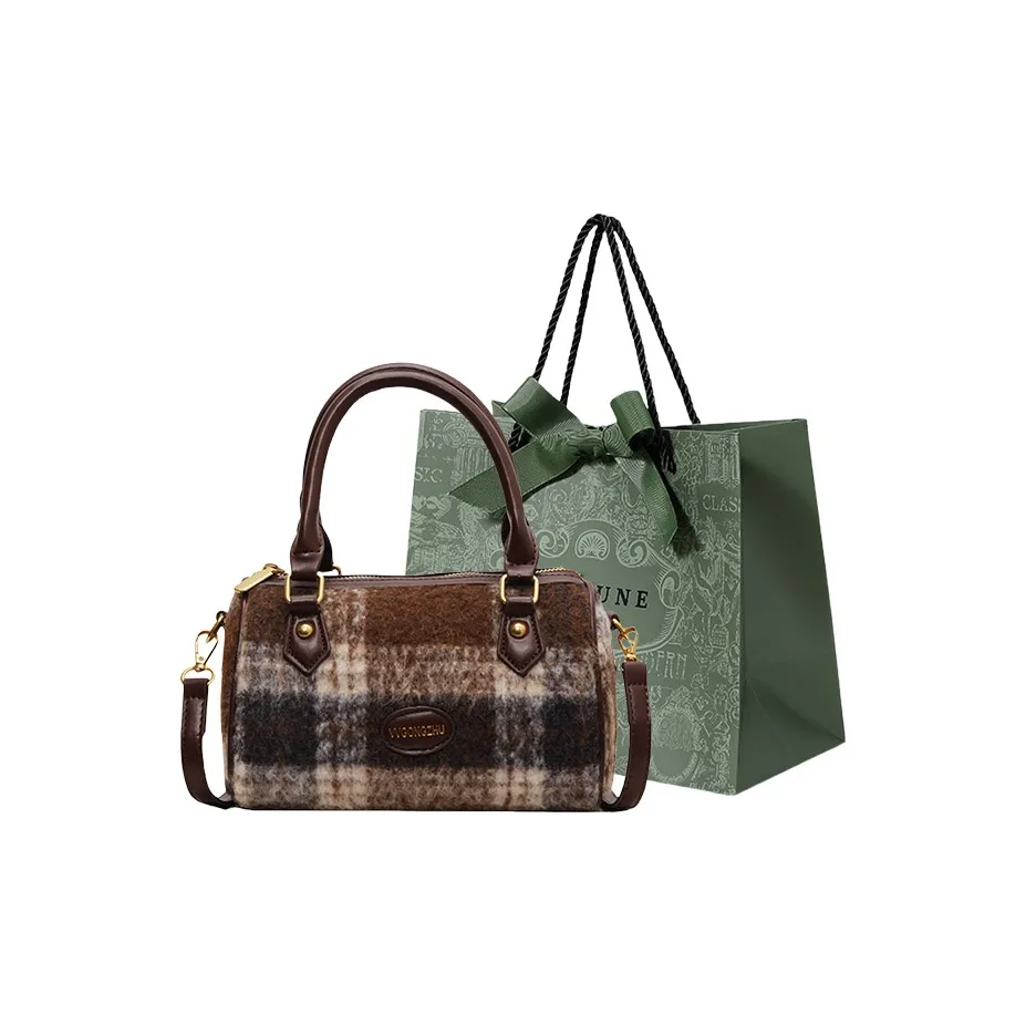 Rainbow Girl Woolen Boston Bag, Crossbody Bag Regular Women's Plaid Green/Jasper/Plaid Brown