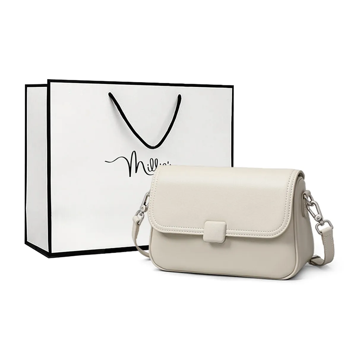MILLIE'S Cow Leather With Synthetic Leather Shoulder Bag Regular Women's Gray White/Caramel