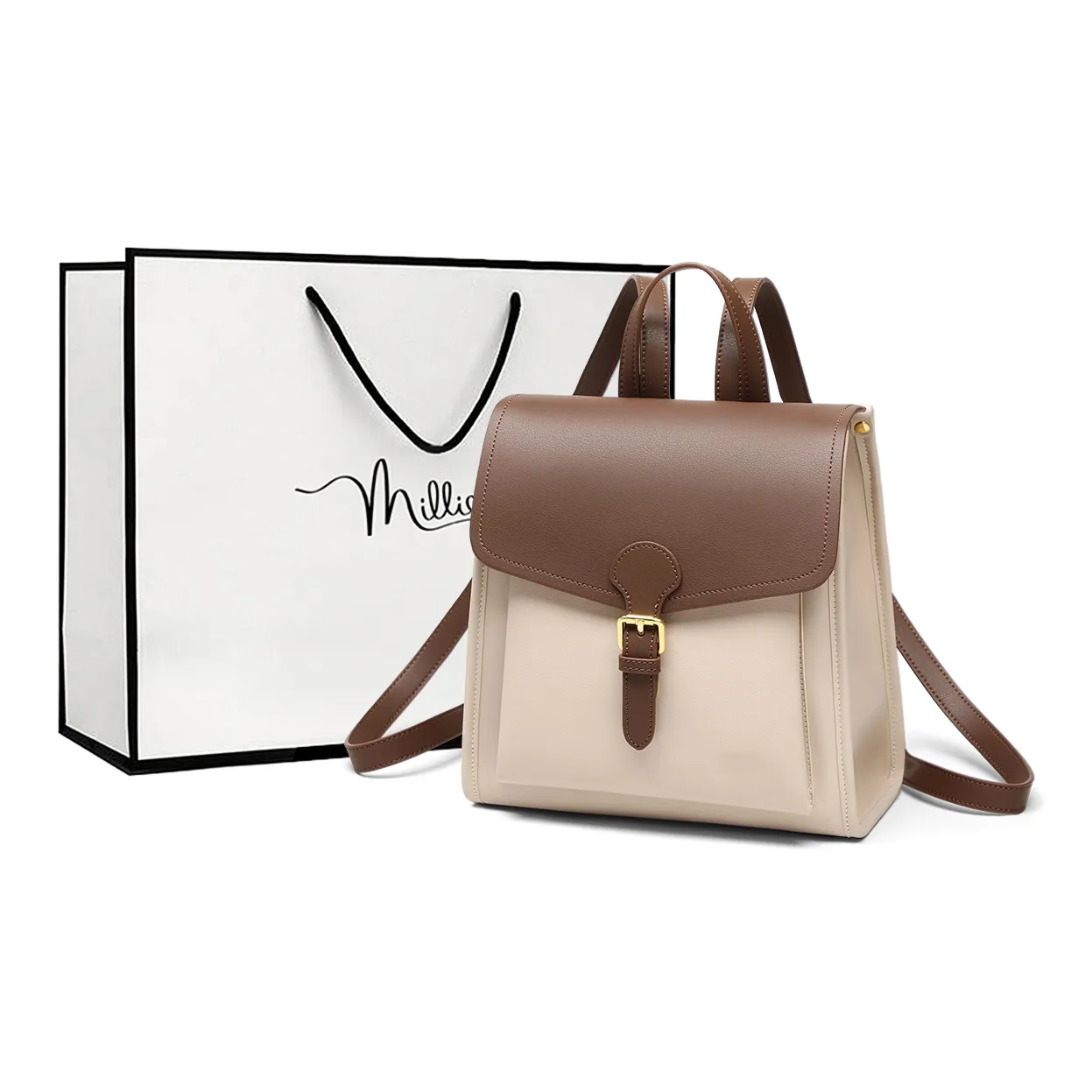 MILLIE'S Cow Leather Backpack Women's Beige Coffee