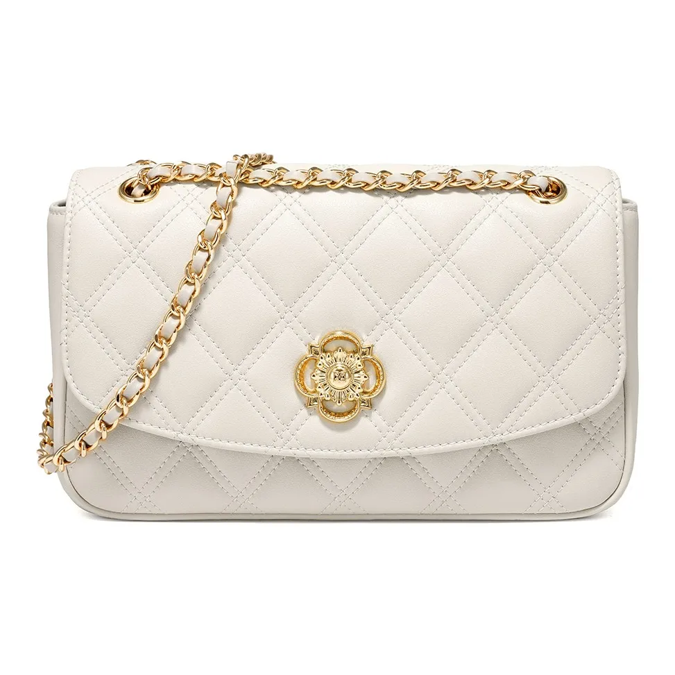 BOSSSUNWEN Сумка через плечо из крупнозернистой текстуры коровьей кожи магнитная застежка средний размер женский экрю черный