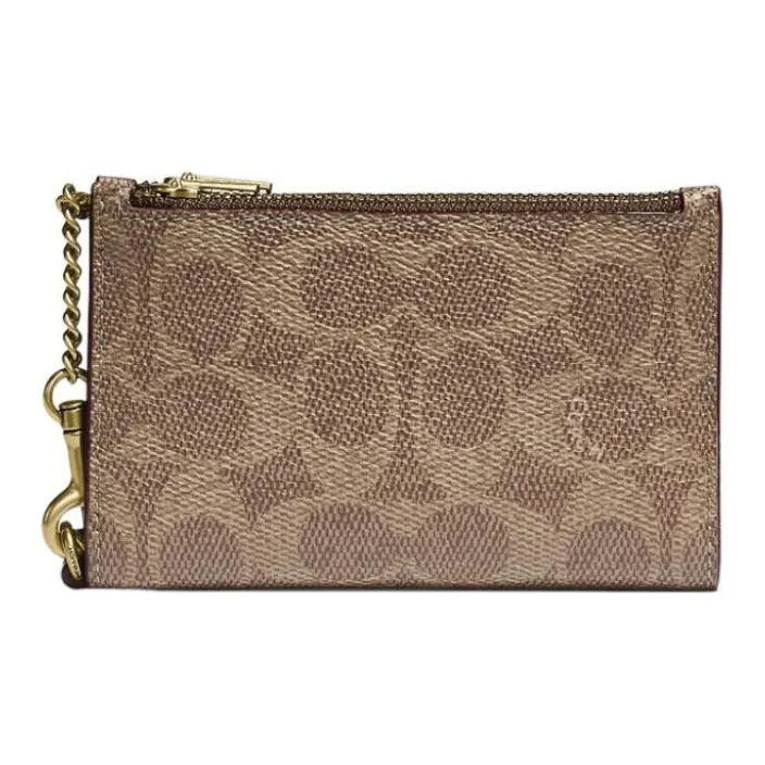 COACH Card Case Canvas With Calfskin Coin Purses Wallets Mini Women's Tan