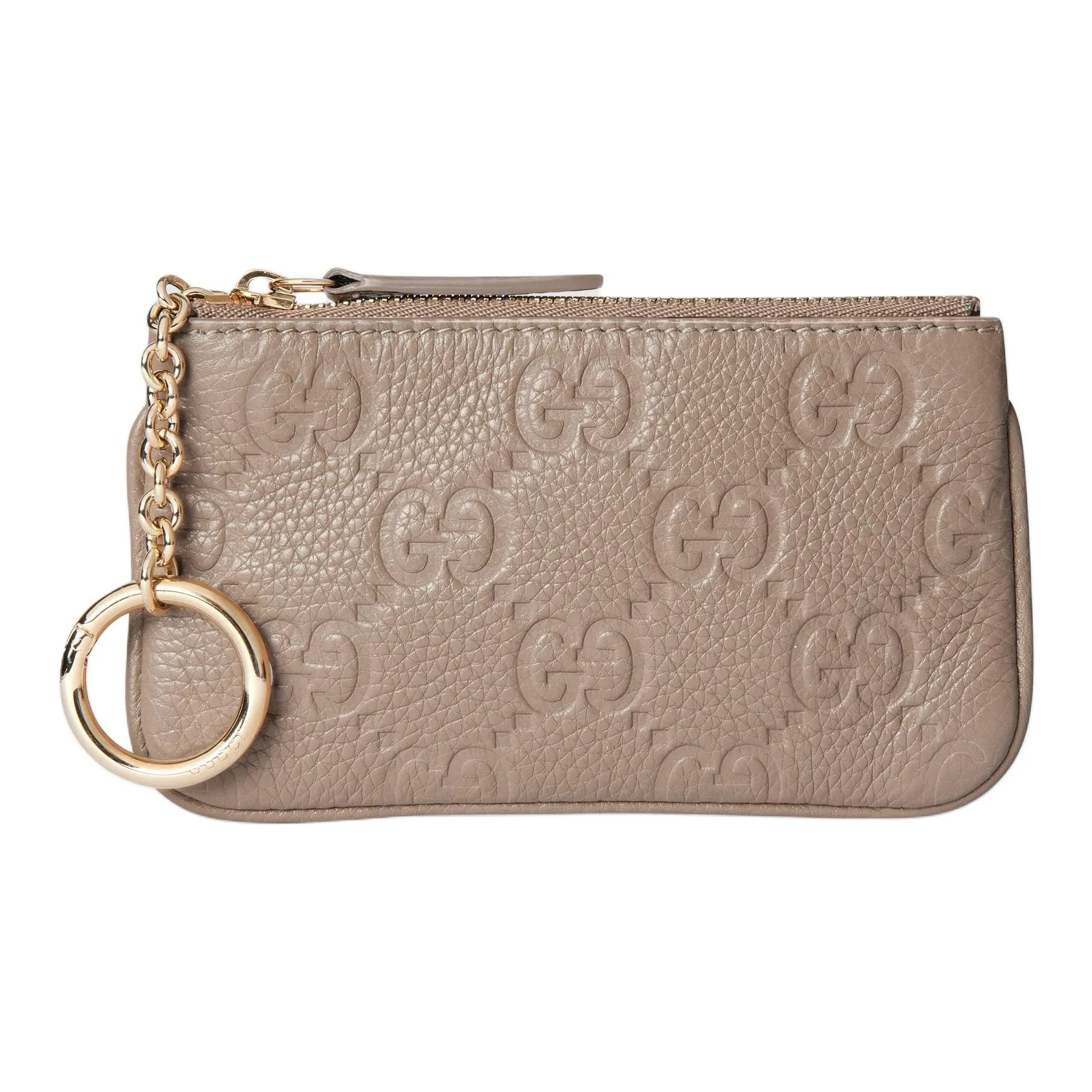 GUCCI GG Emblem Grain Leather Key Pouch Women's Taupe