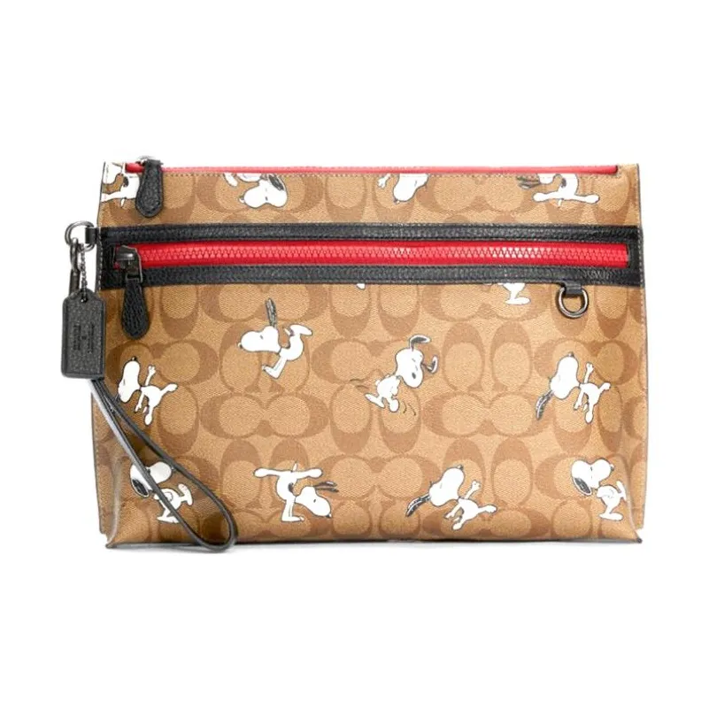 COACH SNOOPY X Peanuts Collaboration Pouch Artificial Leather Clutch Large Size Men's Khaki Monogram