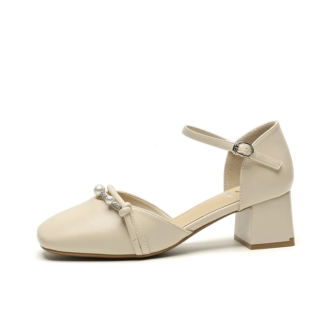 JOSINY Hollow Court sandals Chunky Heel High Heels Women's Ecru