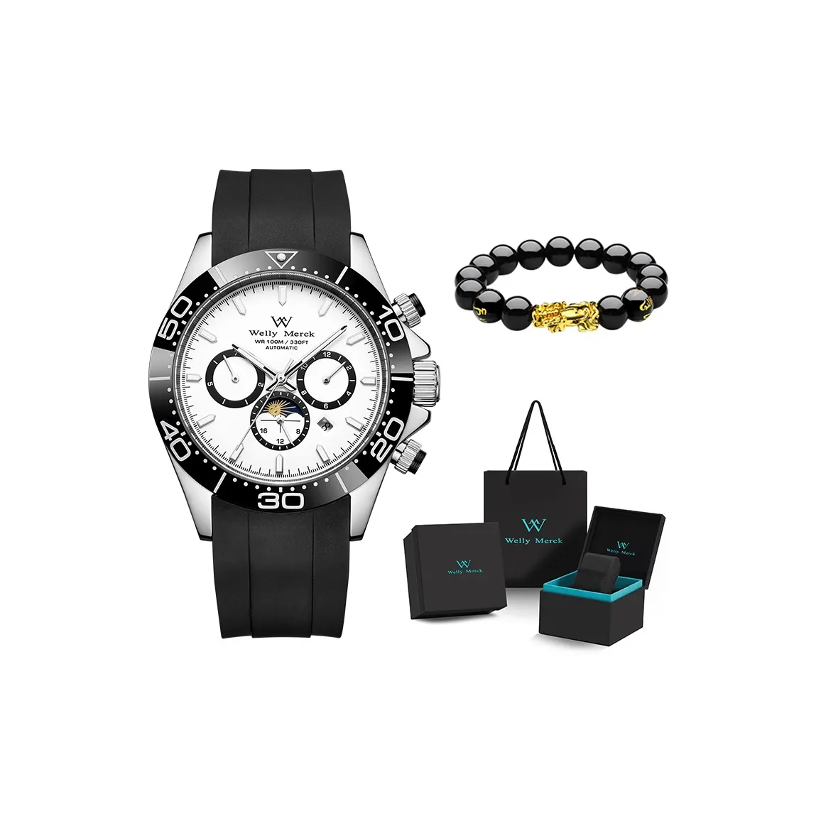 Welly Merck Автоматический Механический Механизм Резиновый Ремешок Часы Мужские Черный Циферблат