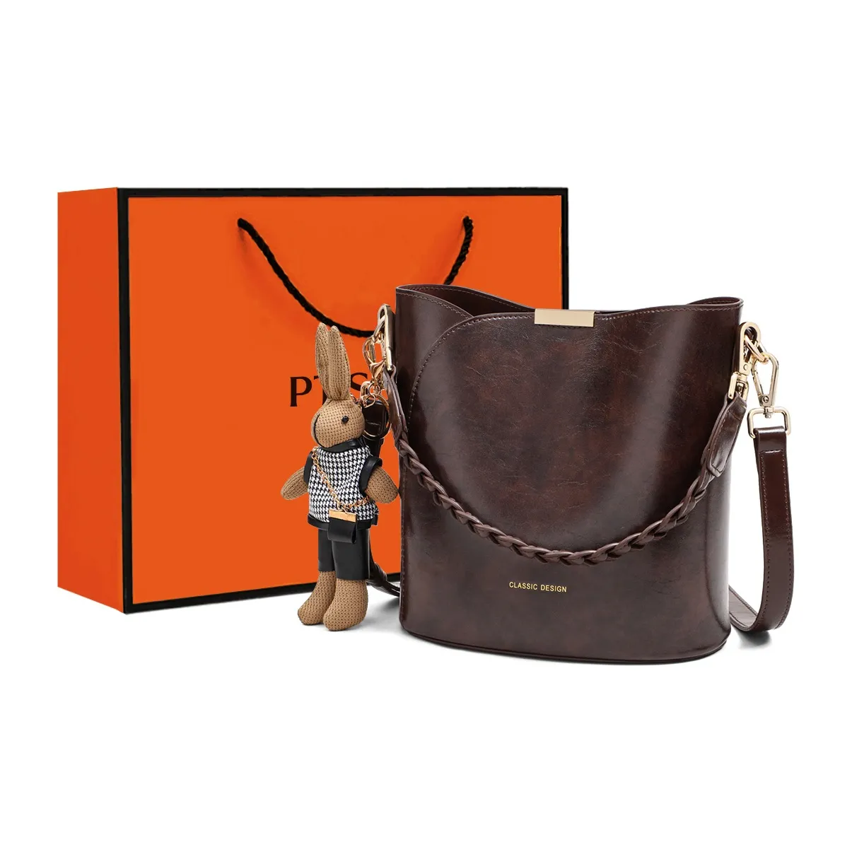PT'SON Cow Leather Handbag, Bucket Bag, Shoulder Bag Women's Coffee