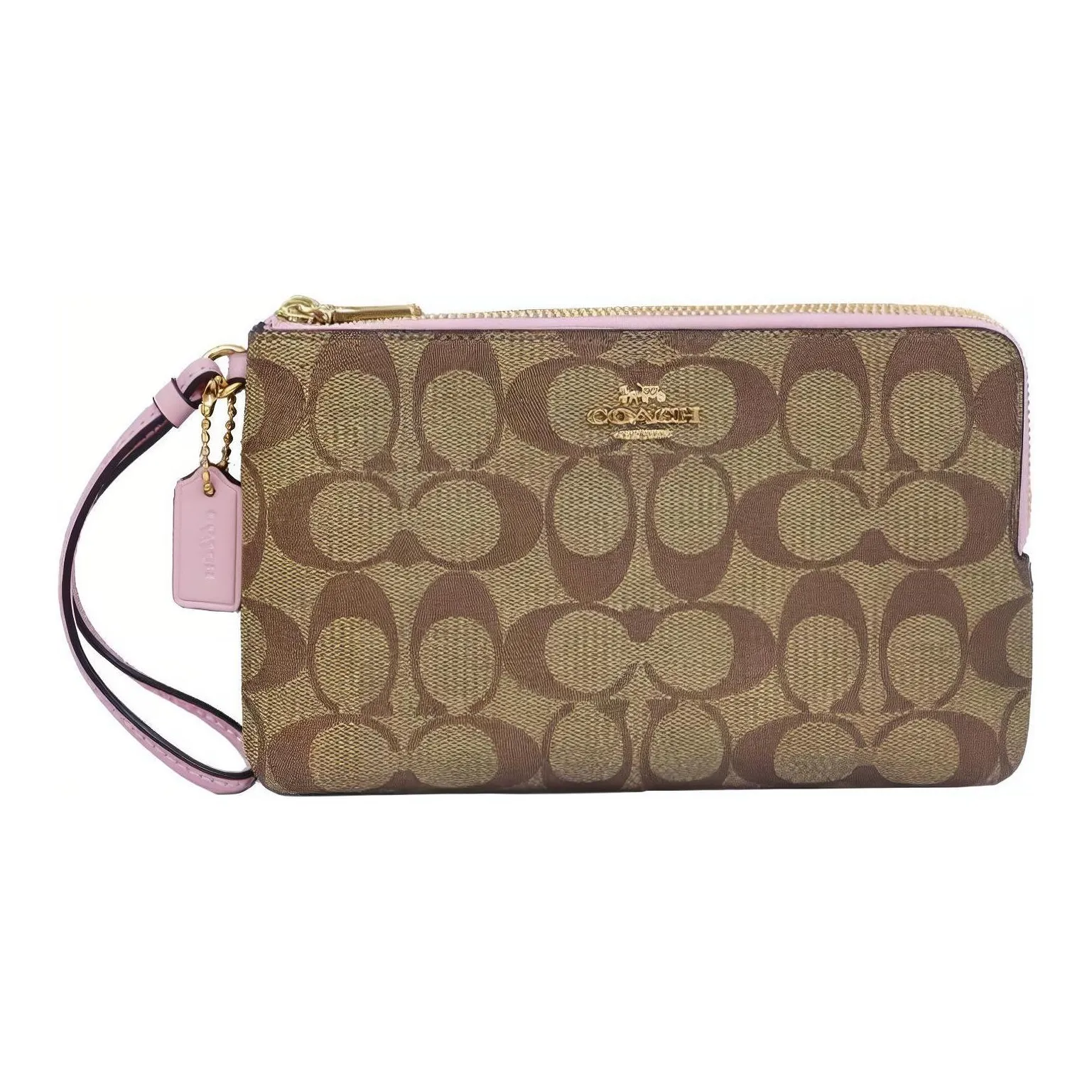COACH Double Zip Wallet Leather Detail Pochette Wrist Bag Clutch Small Size Women's Khaki & Pink