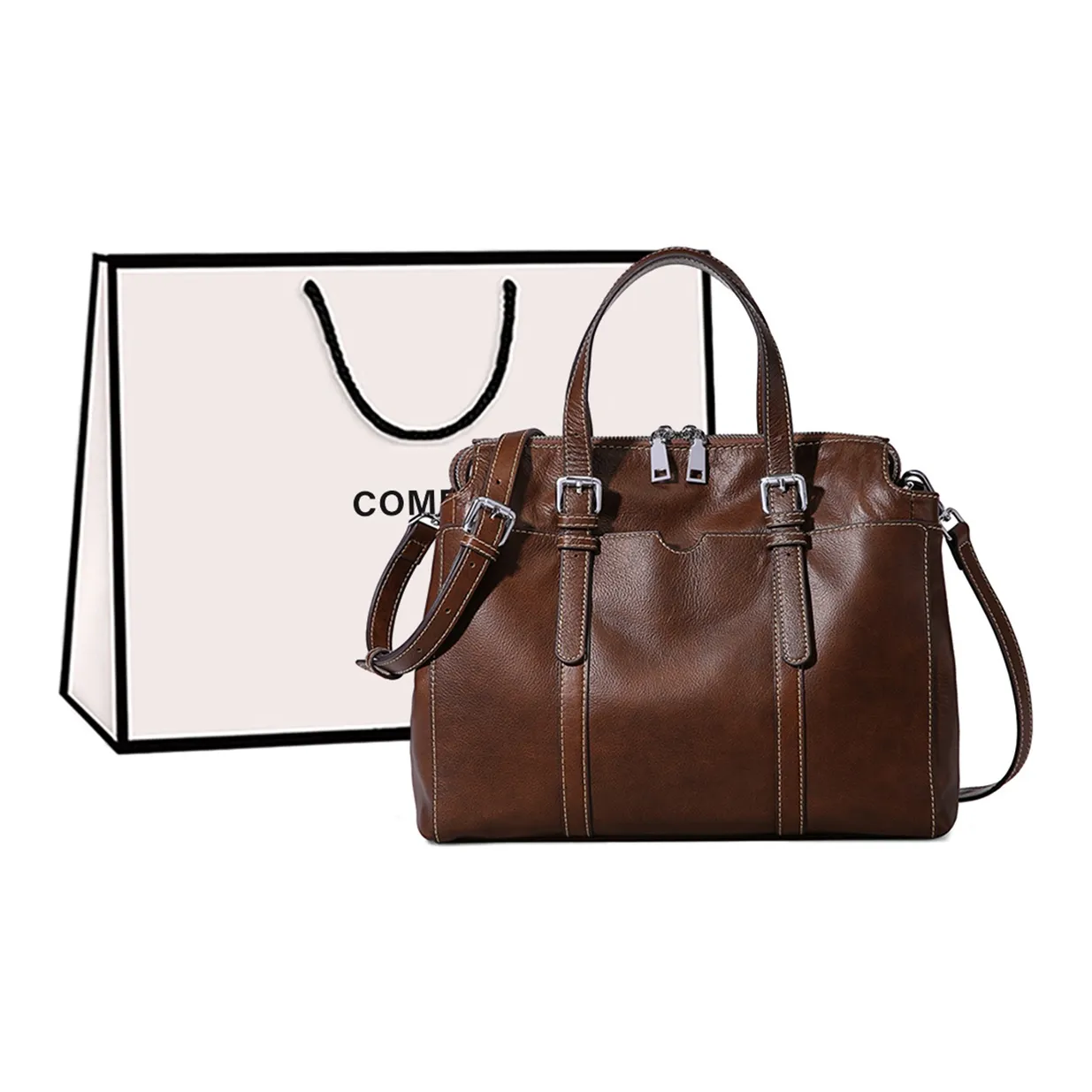 COMELY Cow Leather Totes Handbags Abbesses Large Size Women's Vintage Brown