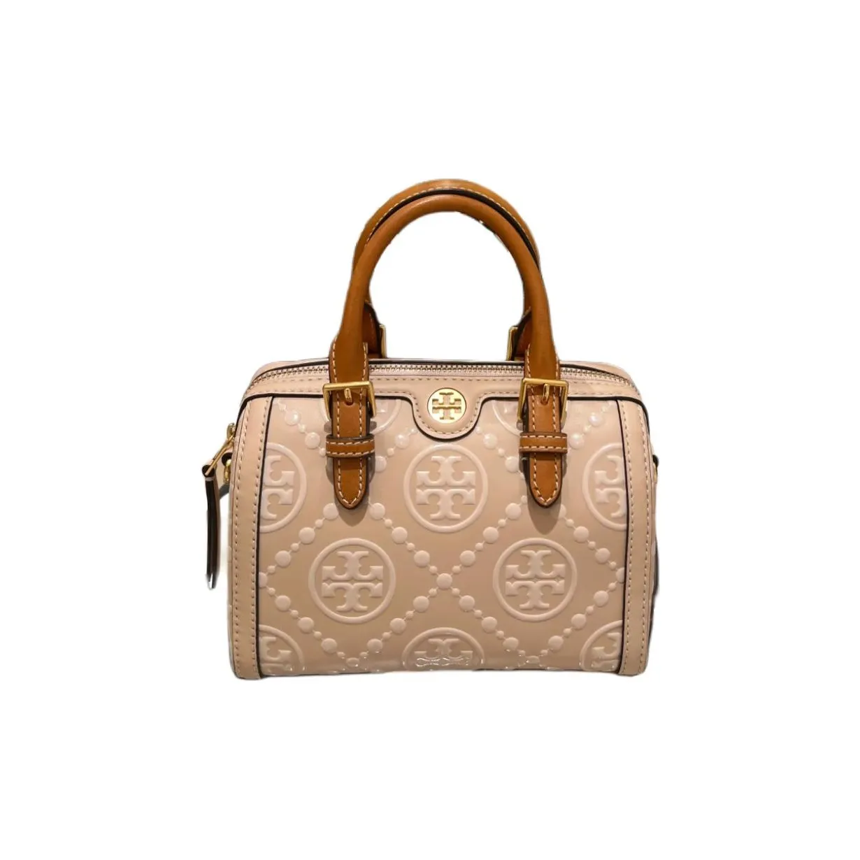 TORY BURCH T Monogram Cow Leather Barrel Bag, Shoulder Bag, Crossbody Bag, Handbag Mini Women's Warm Tea Brown