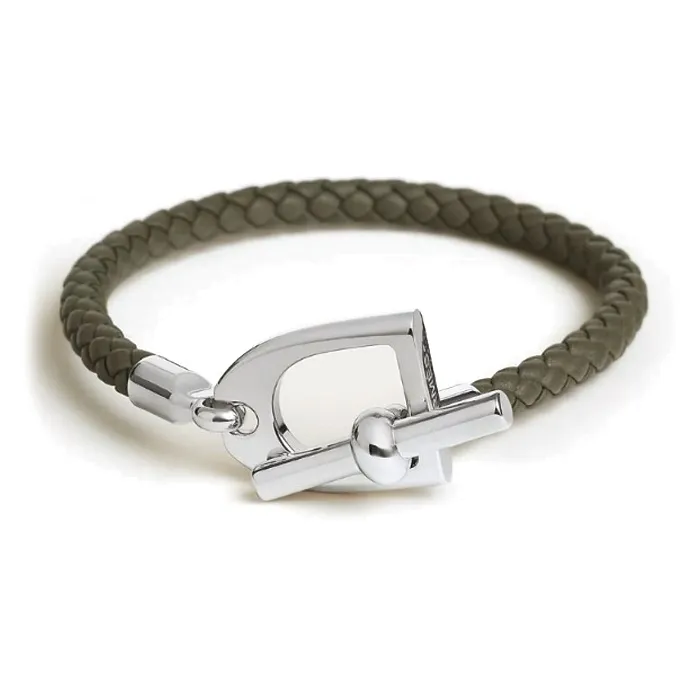 HERMES Calfskin, Palladium Plated Bracelets Men's Dark Green