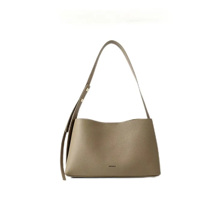 HONGU Cow Leather Shoulder Bag For Commute To Work Medium Size Women's Elephant Gray/Ecru