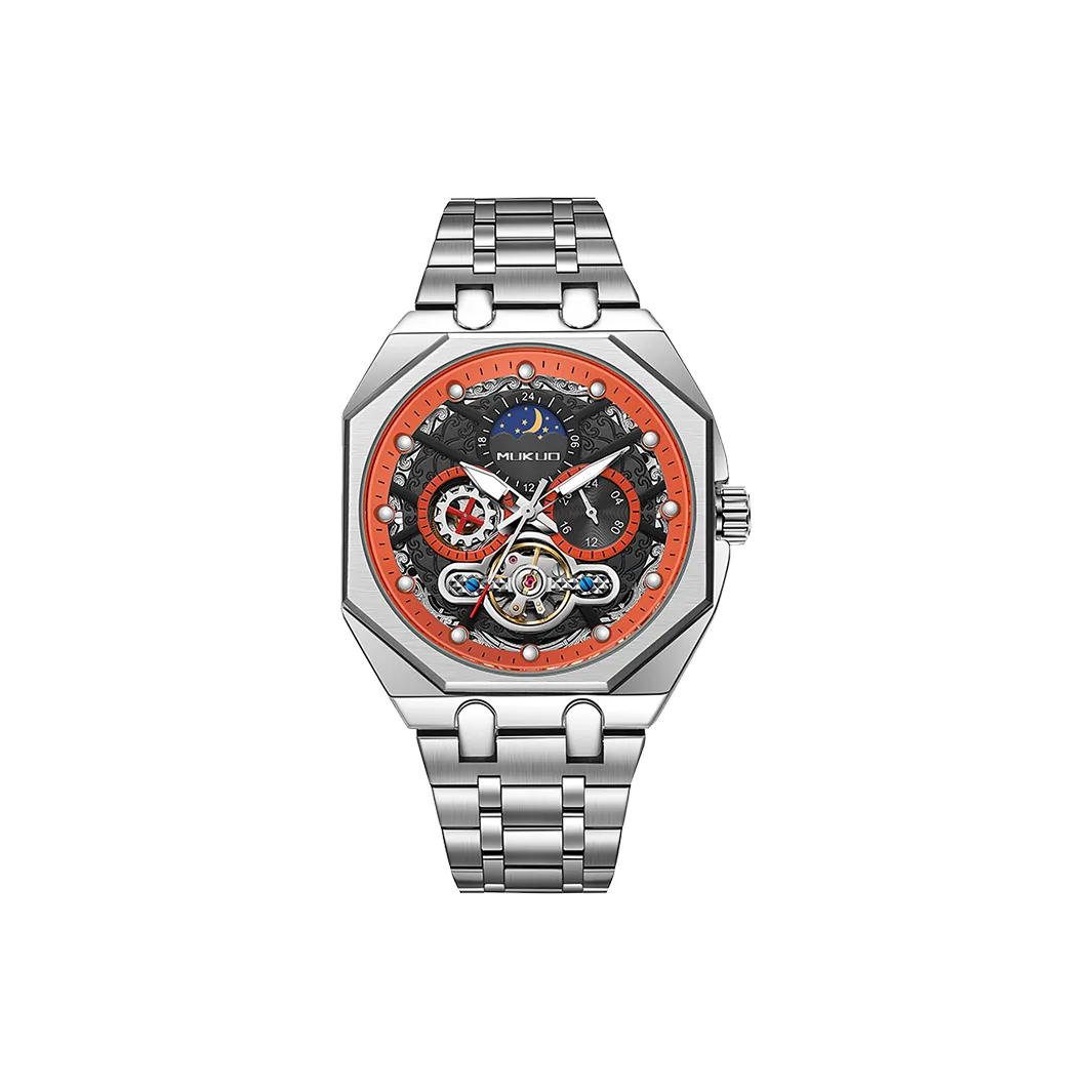 MUKUO Starlight Collection Автоматический Механический Механизм Нержавеющая Сталь Ремешок Часы Мужские Черный Циферблат