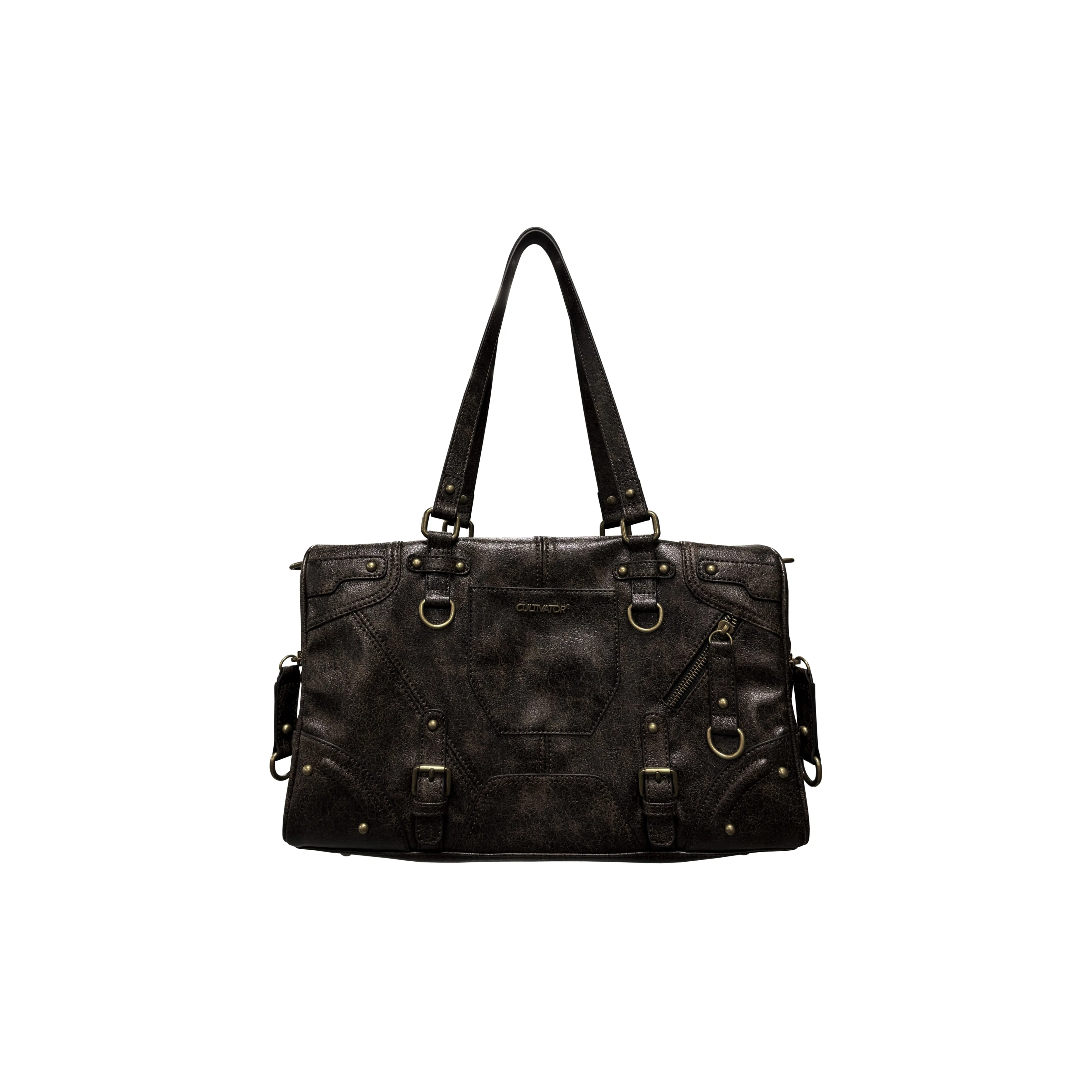 CULTIVATOR PU Travel Bag, Biker Crossbody Bag Large Size Unisex Vintage Brown/Oily Skin White Thread/Black