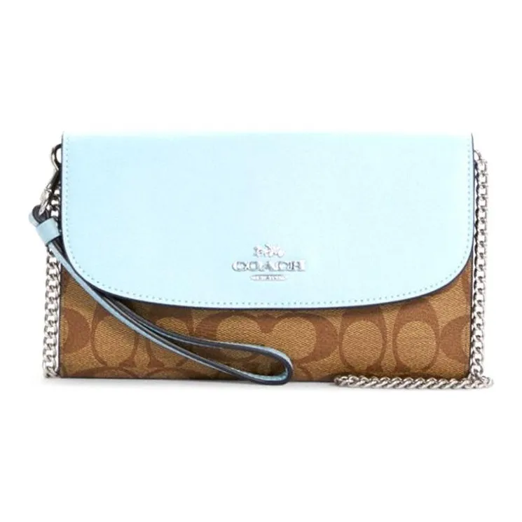 COACH Gemma Canvas With Leather Shoulder Bag, Crossbody Bag Trumpets Women's Sky Blue & Khaki Monogram
