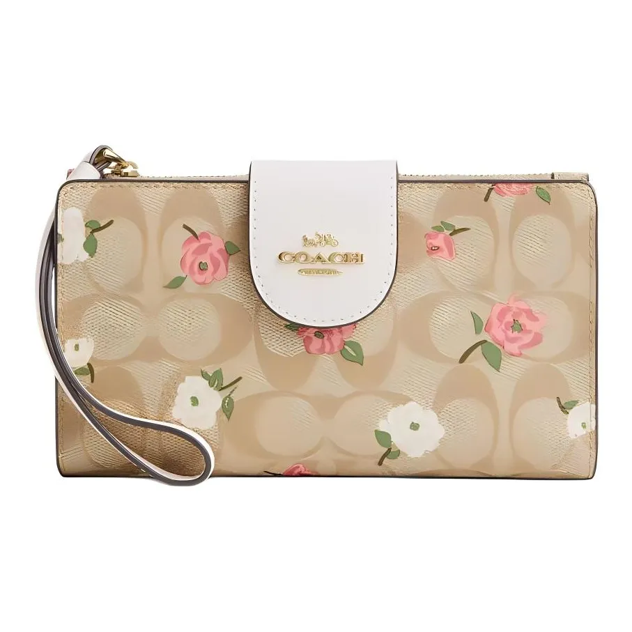 COACH Холст с покрытием и гладкая кожа Кошелек Маленький Женский Золотой Светлый хаки Меловый разноцветный