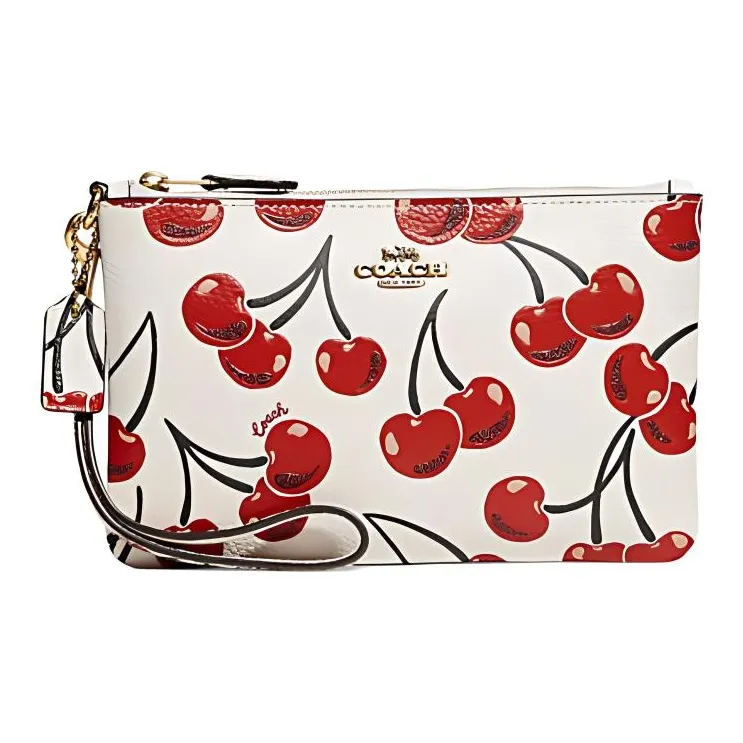 COACH Wristlet Polished Pebbled Cow Leather Coin Purse, Handheld Wrist Bag Trumpets Women's White/Red