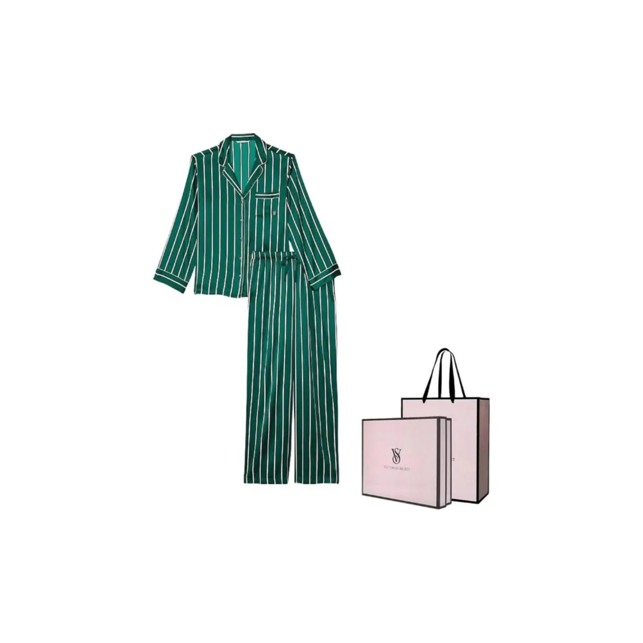 Victoria's Secret Satin Long Pajama Set Pajama Set Women's Green Stripes