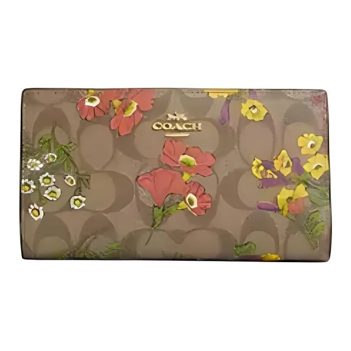 COACH Slim Wallet Coated Canvas Wallet Small Size Women's Gold & Khaki Multicolor