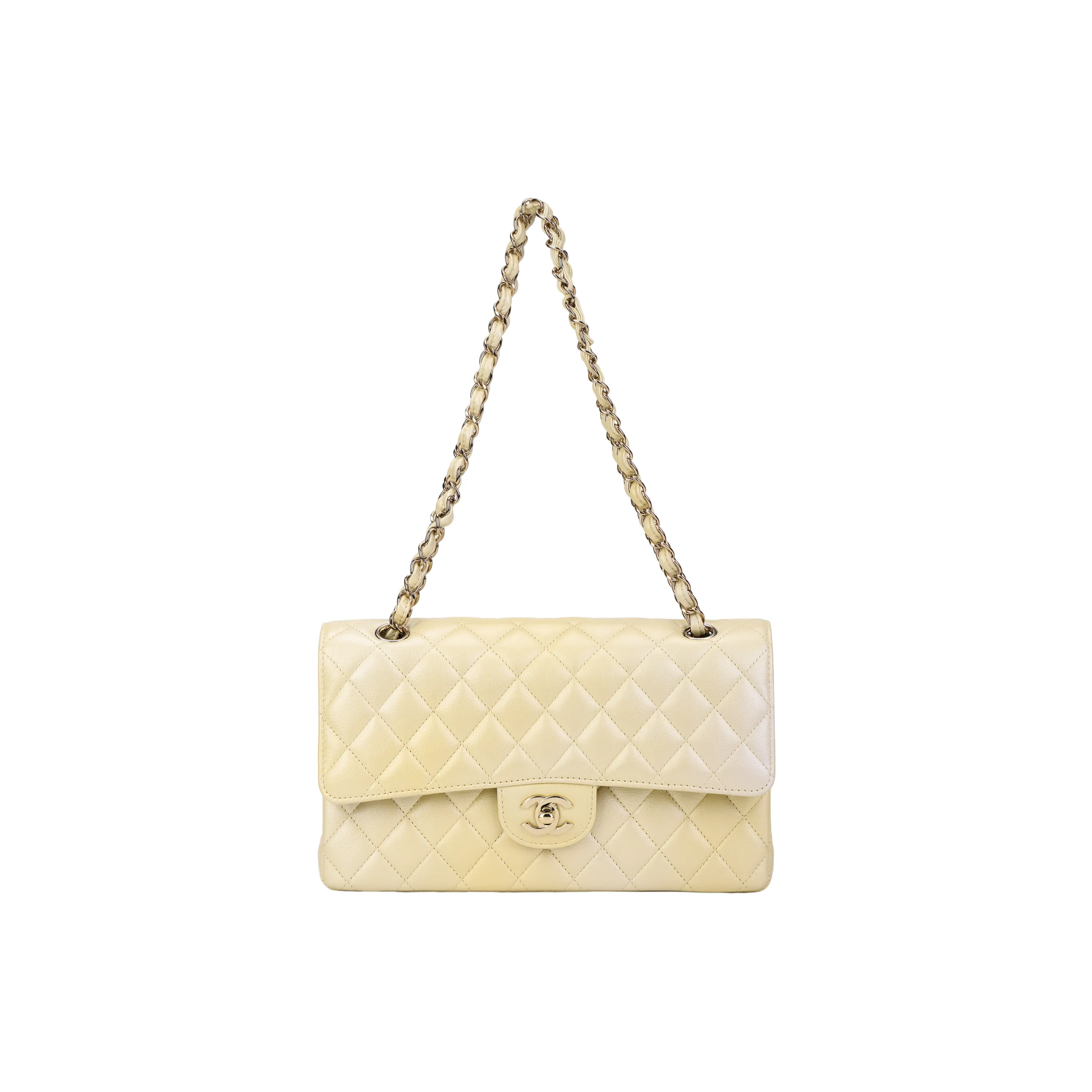 CHANEL Classic Flap CF Cloudy Pearly Goatskin Crossbody Bag, Shoulder Bag Women's Light Yellow