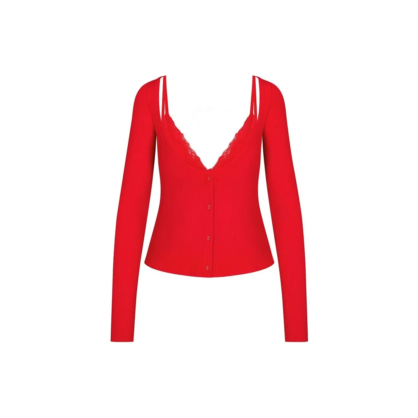 SKIMS Valentine's Day Collection SS25 SOFT LOUNGE LACE LONG SLEEVE TOP WITH BRALETTE Thermal Tops Women's CHY/Red