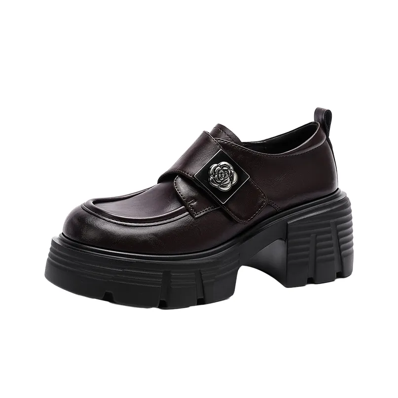 JOSINY Vintage Small Leather Shoes Fashion Versatile, Loafers Heel Height 7m Women's Brown